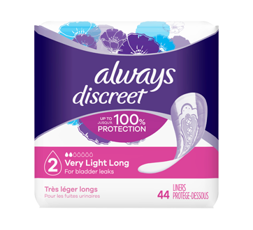 Discreet Incontinence Liners, Very Light Absorbency, Long Length, 44 units  – Always : Incontinence