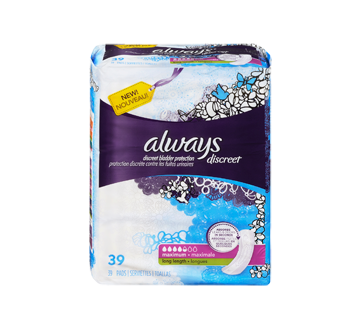 Discreet Incontinence Pads, Maximum Absorbency, Long Length, 39 units –  Always : Incontinence