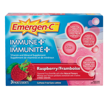 Emergen-C Immune Plus Vitamin and Mineral Supplement Effervescent Powder, Raspberry, 24 units