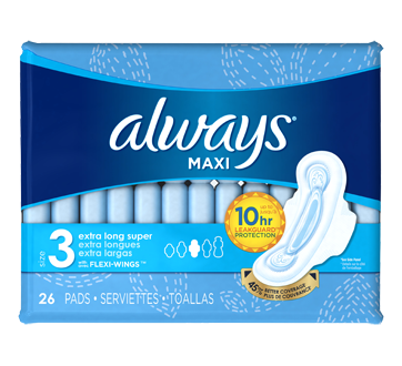 Maxi Pads Extra Long with Wings, Super, Size 3, Unscented, 26
