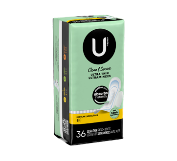 U by Kotex CleanWear Ultra Thin Pads with Wings, Regular, Fragrance-Free, 3  Packs of 36 (108 Total)
