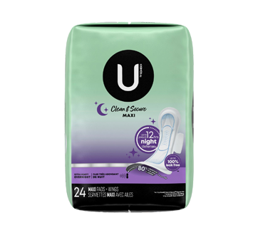 Clean & Secure Overnight Maxi Pads with Wings, Extra Heavy Flow, 24 units –  U by Kotex : Pads and cup