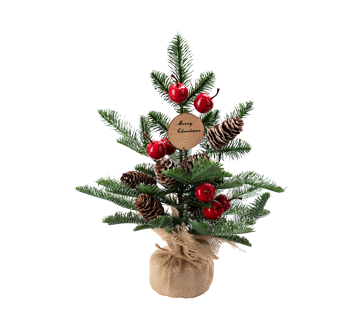 Decorated Pine Tree with Fruit, Pinecones & Wood Sign, 1 unit