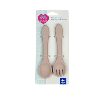 Baby Silicone Fork and Spoon, Pink, 2 units