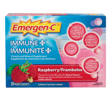 Emergen-C Immunité Plus supplément de vitamines et de minéraux en poudre effervescente, framboise, 24 unités