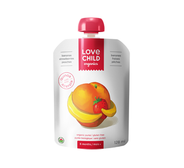 Purée biologique pour enfants, 128 ml, bananes-fraises-pêches