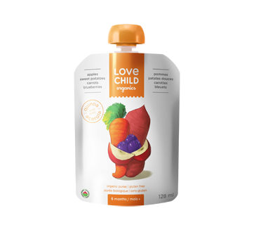 Purée biologique pour enfants, 128 ml, pommes-bleuets-patates douces-carottes