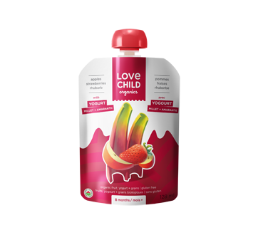 Purée biologique avec yogourt pour enfants, 128 ml, pommes-fraises-rhubarbes