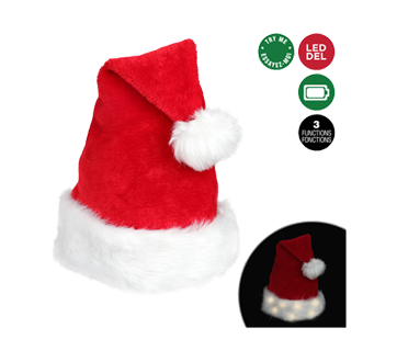 Chapeau de père Noël lumineux en peluche, rouge et blanc, 1 unité