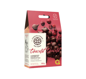 Canneberges séchées enrobées de chocolat noir, 120 g