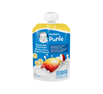 Purée pour bébés et tout-petits faite avec du yogourt et des vrais fruits, banane, pomme, mangue et yogourt, 94 ml