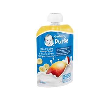 Image 2 du produit Gerber - Purée pour bébés et tout-petits faite avec du yogourt et des vrais fruits, banane, pomme, mangue et yogourt, 94 ml