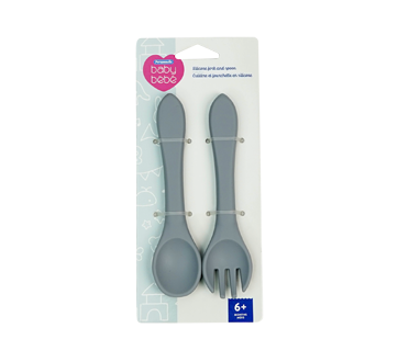 Cuillère et fourchette en silicone pour bébés, bleu, 2 unités