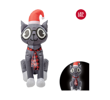 Chat assis gonflable avec lumières à DEL et chapeau de père Noël, gris et rouge, 1 unité