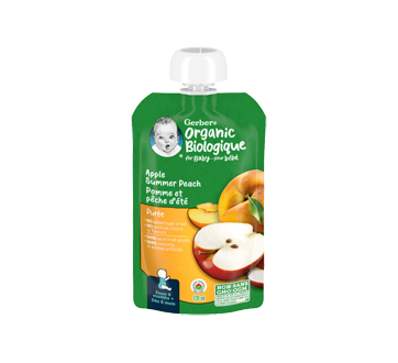 Purée biologique pour bébés, pomme et pêche, 128 ml