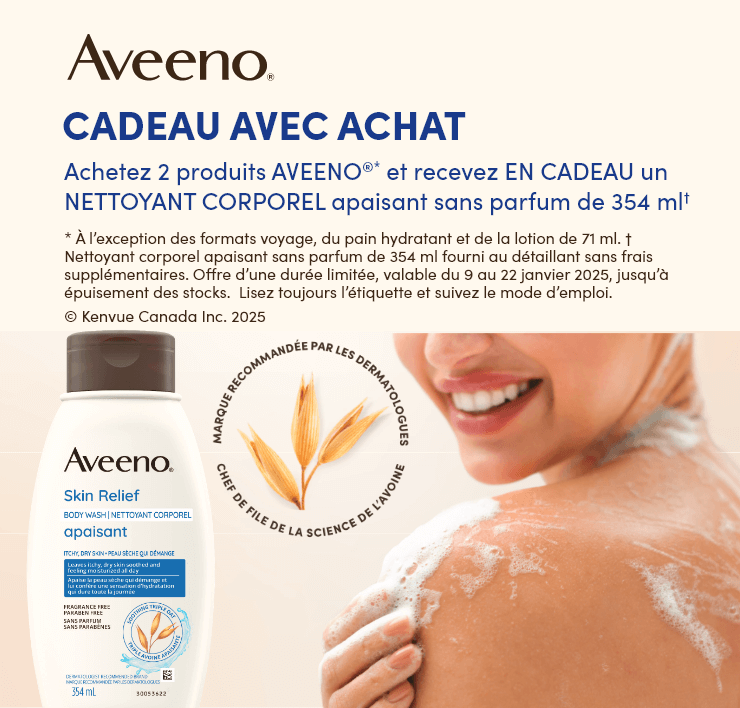 Achetez 2 produits Aveeno et recevez en cadeau un nettoyant corporel apaisant sans parfum de 354 ml